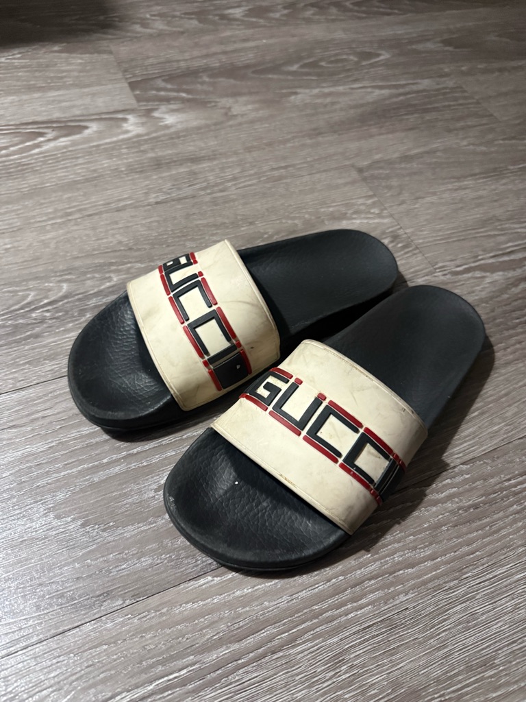 Gucci Black, Off-White & Red Branded Slide Sandals